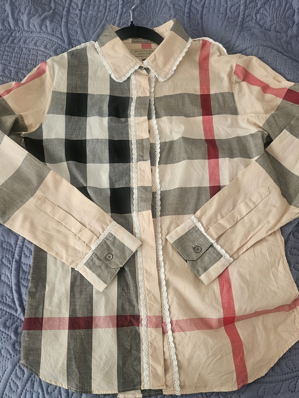 Burberry London Antique Pink Lace Trim Nova Check Button Down Shirt Large